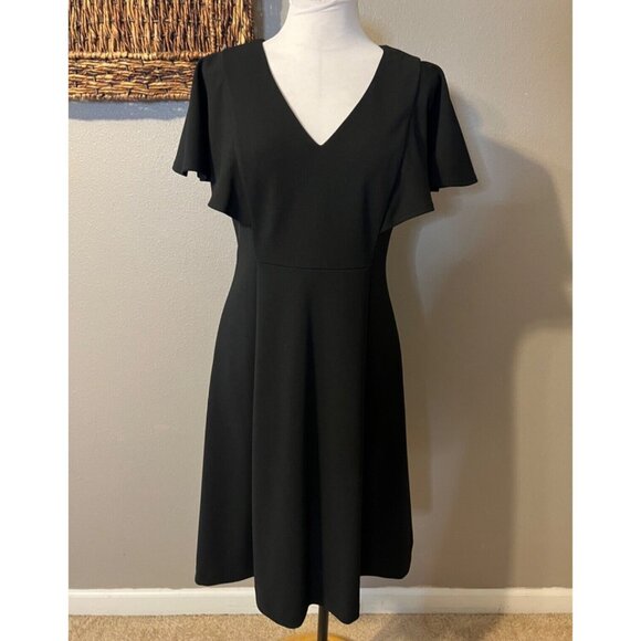 Calvin Klein A Line Dress 6 Black Stretch Sheath Short Flutter Sleeve Career - Picture 3 of 10